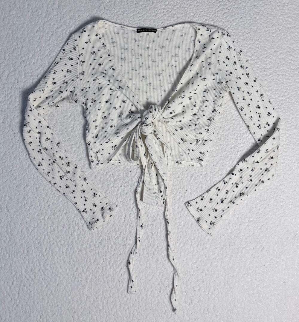 Brandy Melville Long Sleeve Waffle Knit Floral Tie Front Wrap Crop Top